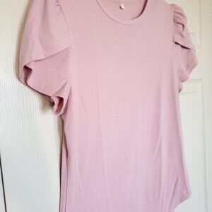 Pink Crew Neck Ribbed Petal Sleeve Stretchy Slim Fit Bodysuit Top XL